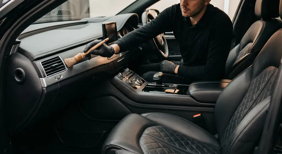 Detailer cleaning a car's interior dashboard